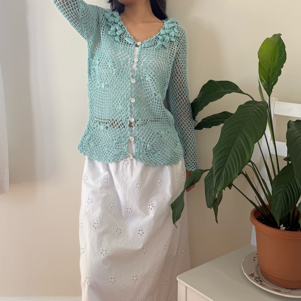 Modern Soul Linen Cotton Blend Crochet Light Blue Button Front Cardigan Size XS - Picture 7 of 11